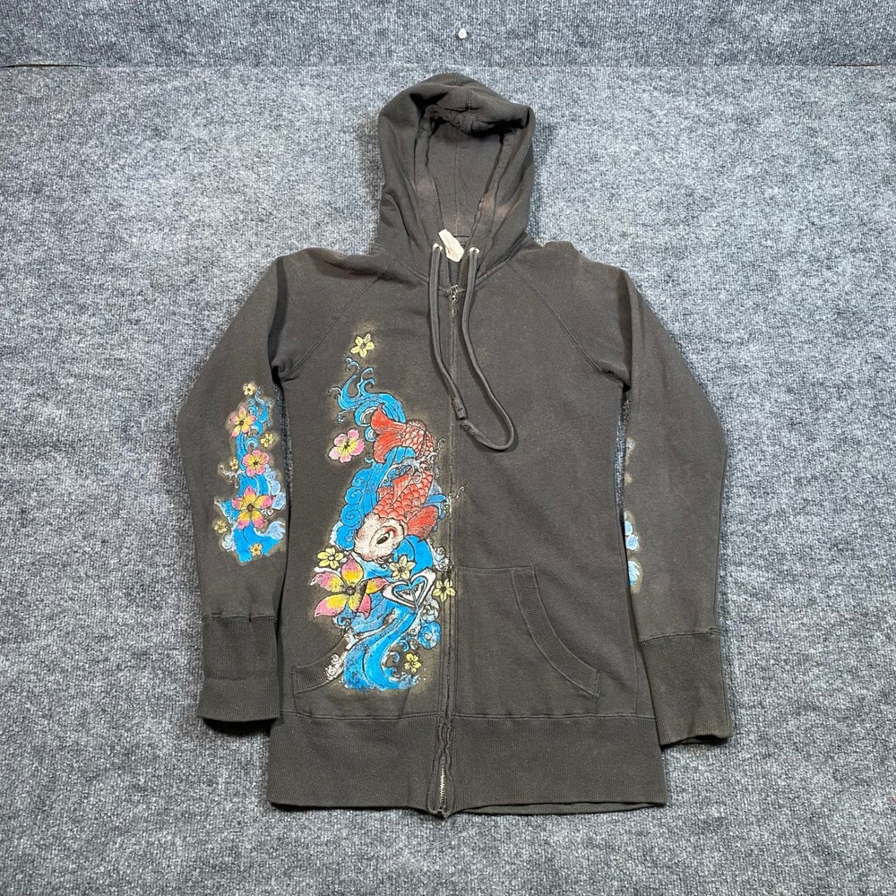 Roxy Vintage Y2K Koi Fish Floral Graphic Zip Up Hoodie Faded Black Charcoal